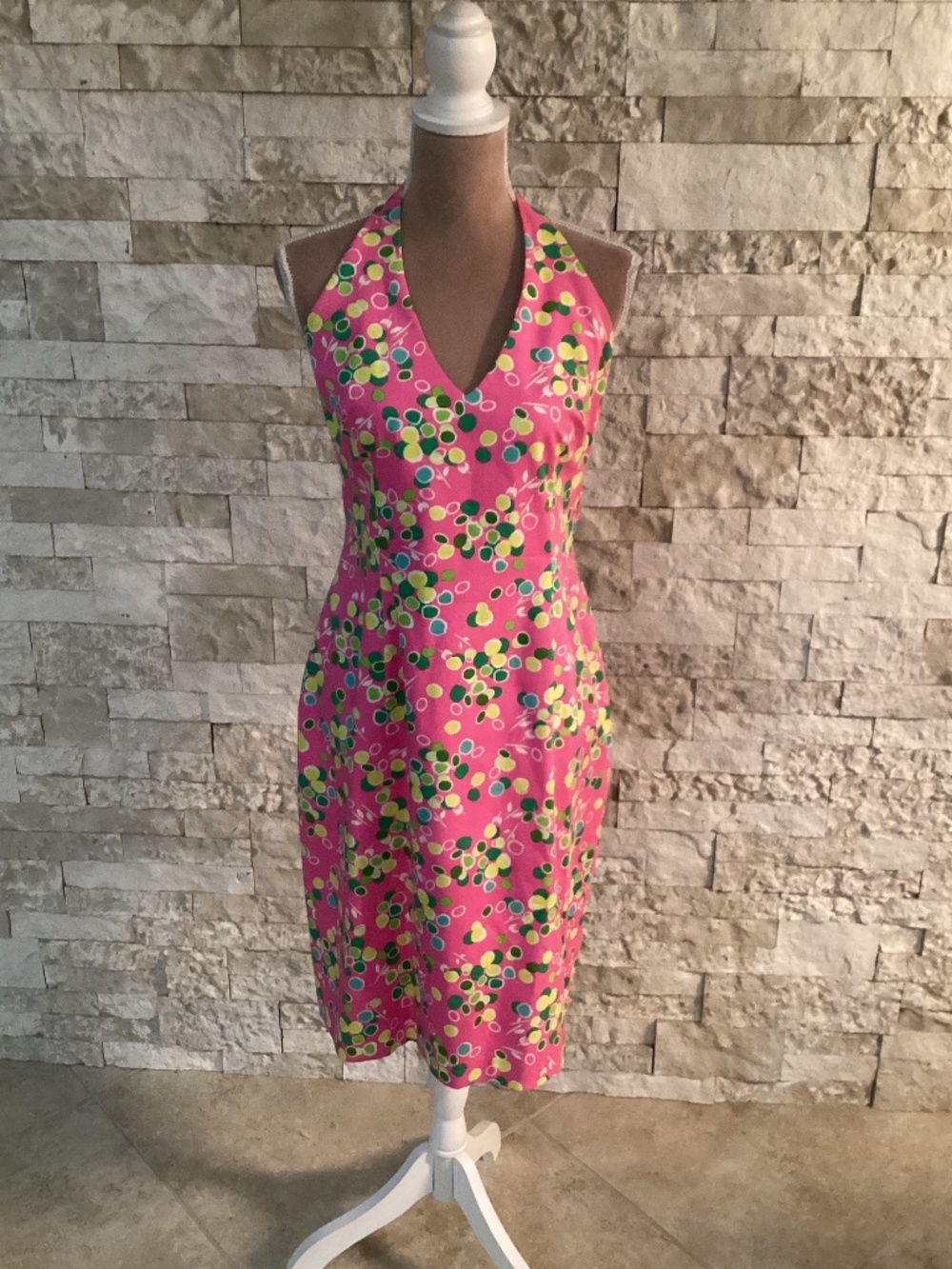 David Meister pink dot print sheath halter dress